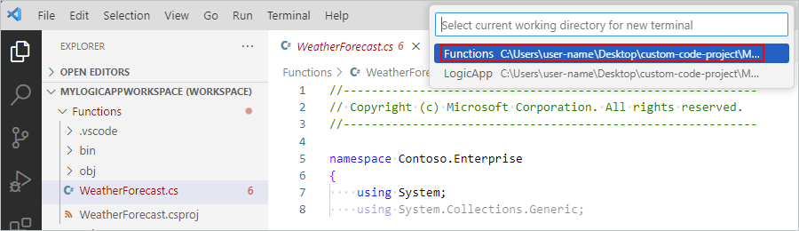 Visual Studio Code' u, geçerli çalışma dizinini ve seçili İşlevler dizinini gösteren ekran görüntüsü.