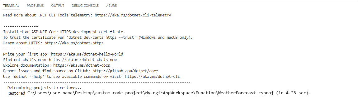 Visual Studio Code, Terminal penceresi ve tamamlanmış dotnet restore komutunu gösteren ekran görüntüsü.