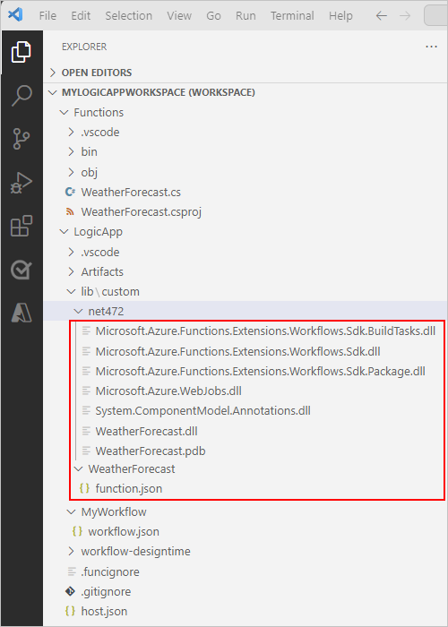 Artık oluşturulan derlemeler ve diğer gerekli dosyalar ile .NET işlevleri projesi ve mantıksal uygulama projesi ile Visual Studio Code ve mantıksal uygulama çalışma alanını gösteren ekran görüntüsü.