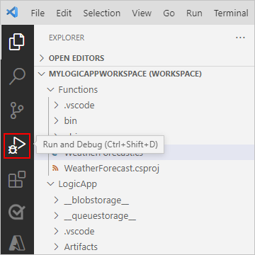 Çalıştır ve Hata Ayıkla'nın seçili olduğu Visual Studio Code Etkinlik Çubuğu'nu gösteren ekran görüntüsü.