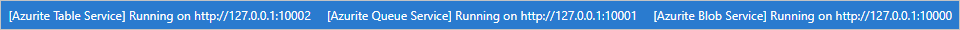Azure Blob Hizmeti, Azure Kuyruk Hizmeti ve Azure Tablo Hizmeti'nin çalıştığı Visual Studio Code görev çubuğunu gösteren ekran görüntüsü.