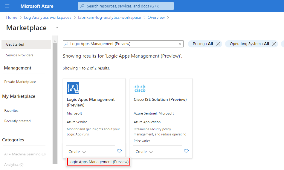 Oluştur listesi açık ve Logic Apps Yönetimi (Önizleme) seçeneğinin seçili olduğu Azure portalını, Market sayfasını, 'Logic Apps Yönetimi' kutucuğunu gösteren ekran görüntüsü.