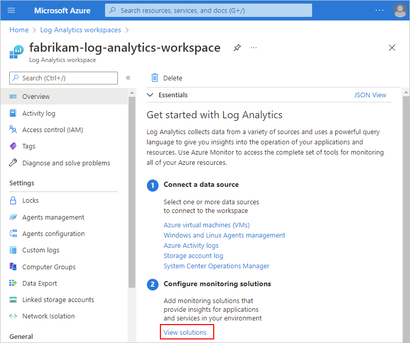 Azure portalını, çalışma alanının genel bakış sayfasını ve Çözümleri görüntüle'nin seçili olduğunu gösteren ekran görüntüsü.