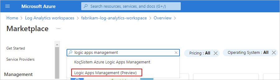 Azure portalını, 'logic apps management' girişinin ve 'Logic Apps Management' öğesinin seçili olduğu Market sayfası arama kutusunu gösteren ekran görüntüsü.