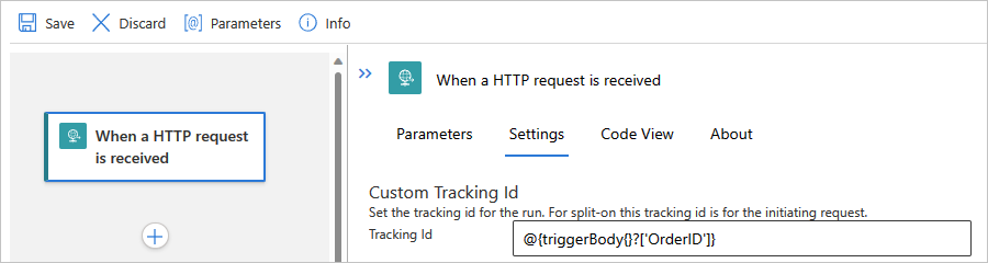 Azure portalı, Standart iş akışı tasarımcısı ve Özel izleme kimliğine sahip İstek tetikleyicisini gösteren ekran görüntüsü.