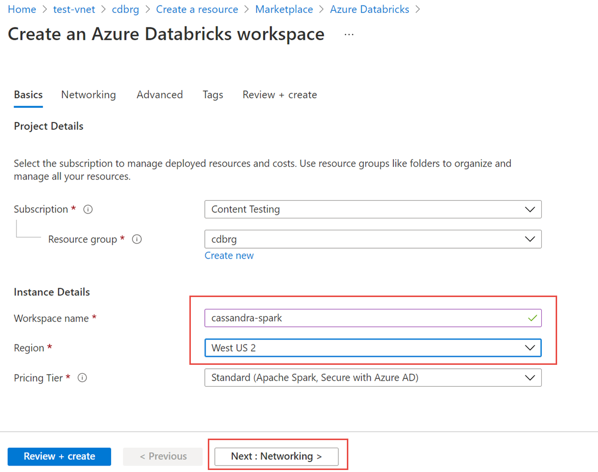 Databricks hesabı için çalışma alanı adı, bölge ve fiyatlandırma katmanı girebileceğiniz bir iletişim kutusunu gösteren ekran görüntüsü.