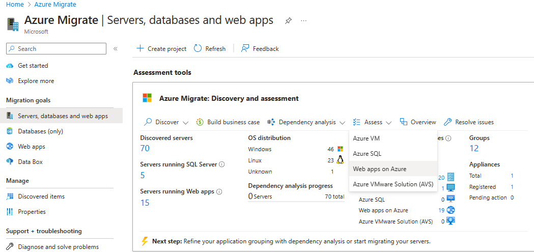 Azure Geçişi için Genel Bakış sayfasının ekran görüntüsü.