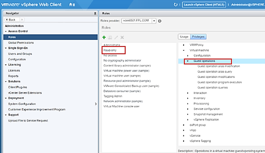 vSphere web istemcisini ve yeni bir hesap oluşturmayı ve kullanıcı rollerini ve ayrıcalıklarını seçmeyi gösteren ekran görüntüsü.