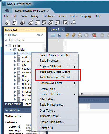 Nesne tarayıcısının bağlam menüsündeki MySQL Workbench dışarı ve içeri aktarma sihirbazı komutlarının ekran görüntüsü.