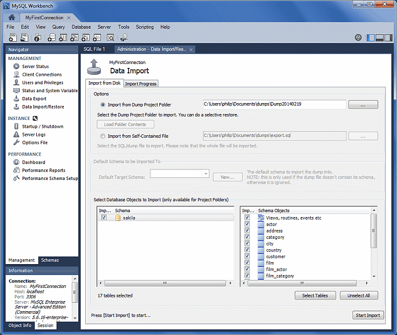 MySQL Workbench'te Veri İçeri Aktarma bölmesini görüntülemek için Gezgin bölmesini kullanmanın ekran görüntüsü.