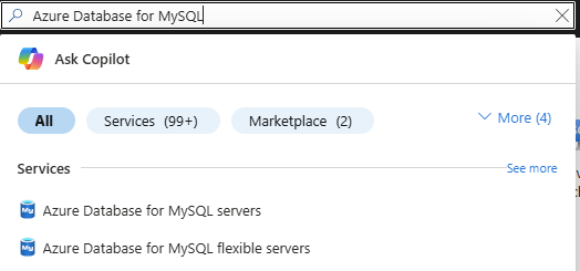 MySQL için Azure Veritabanı sunucuları aramayı gösteren ekran görüntüsü.