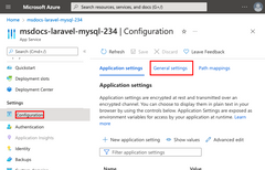 App Service'in yapılandırma sayfasında genel ayarlar sekmesini açmayı gösteren ekran görüntüsü.