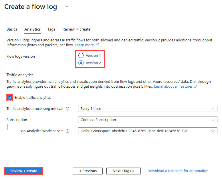 Azure portalında yeni bir akış günlüğü için trafik analizini etkinleştirmeyi gösteren ekran görüntüsü.