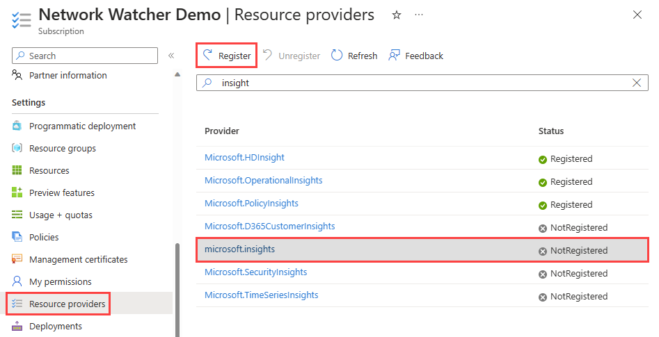 Microsoft Insights sağlayıcısını Azure portalına kaydetme işleminin ekran görüntüsü.