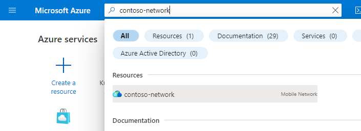 Azure portalının ekran görüntüsü. Mobil Ağ kaynağı aramasının sonuçlarını gösterir.