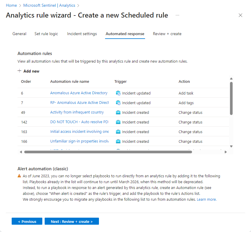 Azure portalında analiz kuralı sihirbazının otomatik yanıt ekranının ekran görüntüsü.