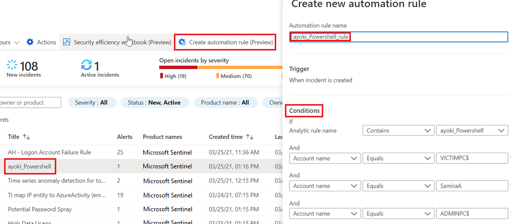 Microsoft Sentinel'de bir olay için otomasyon kuralı oluşturmayı gösteren ekran görüntüsü.