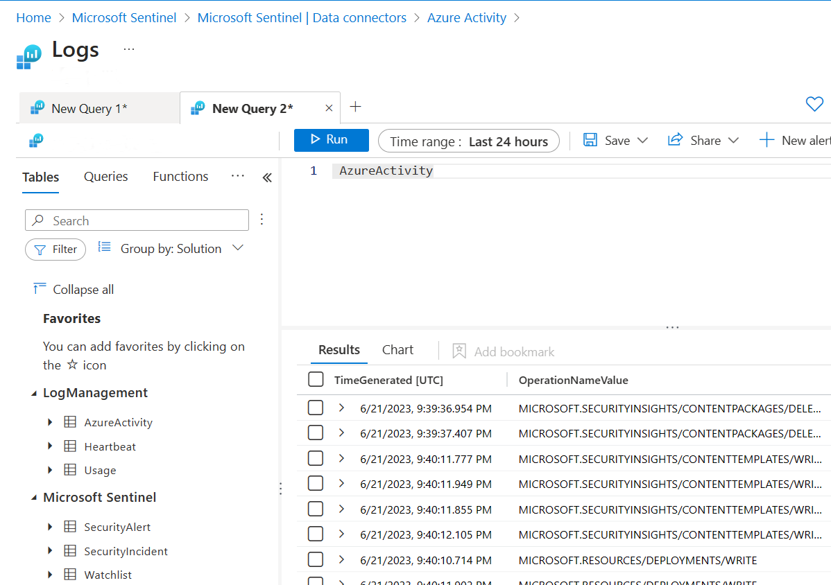 Azure Etkinlik sorgusu için döndürülen sonuçları içeren günlük sorgusu penceresinin ekran görüntüsü.