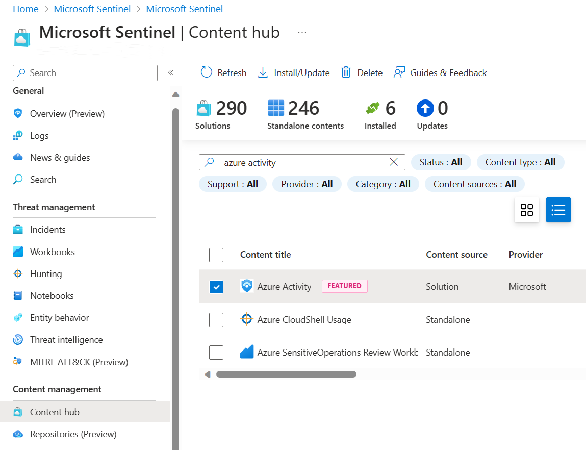 Azure Etkinliği çözümünün seçili olduğu içerik hub'ının ekran görüntüsü.