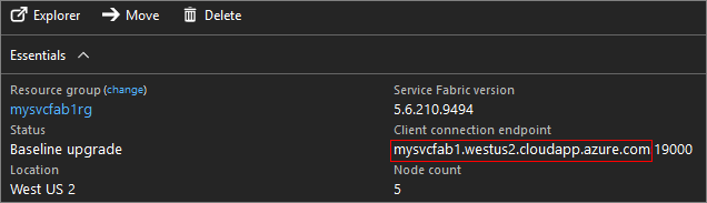 Azure portalında Service Fabric genel bakış dikey penceresi