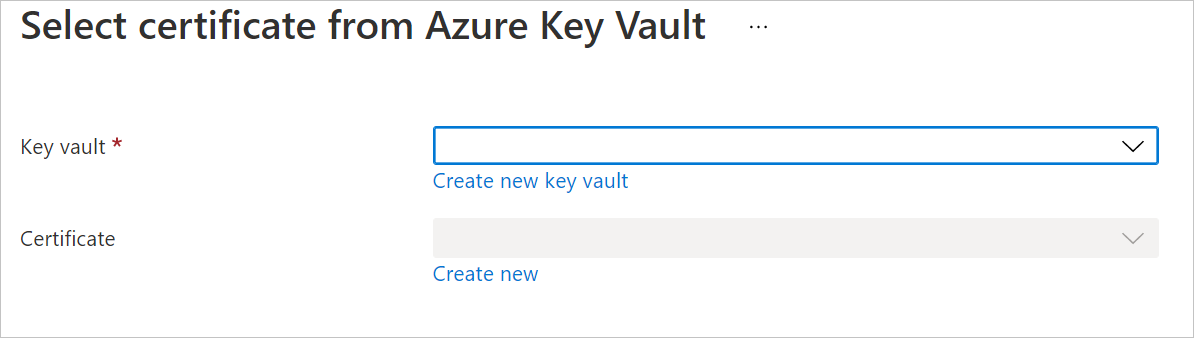 Azure Key Vault ve sertifika açılan menüleri PNG'nin ekran görüntüsü.