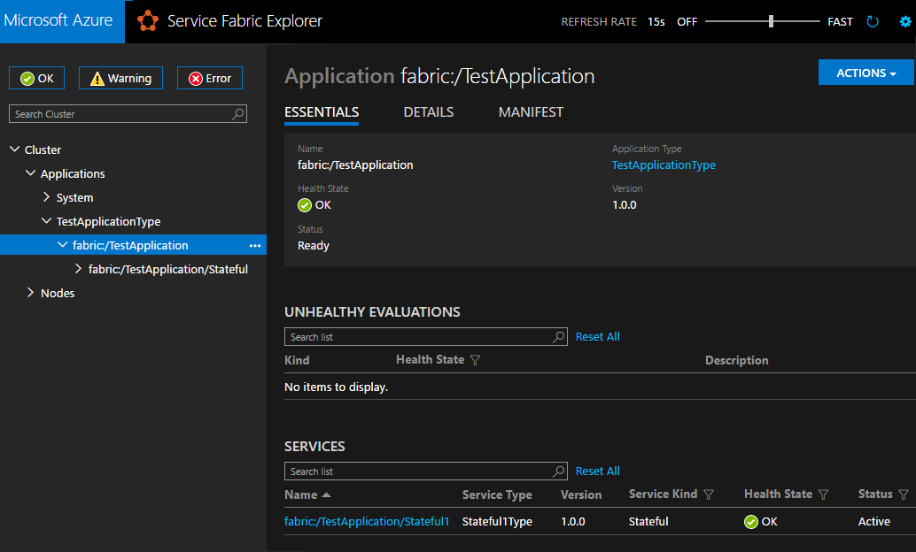 Service Fabric Explorer'da iyi durumdaki uygulama