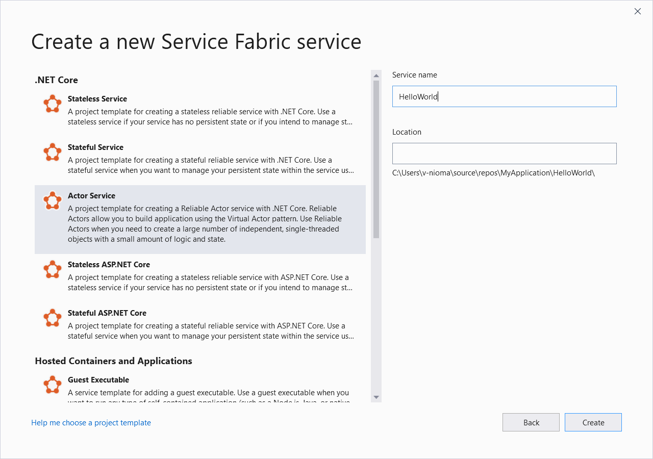 Service Fabric proje şablonları