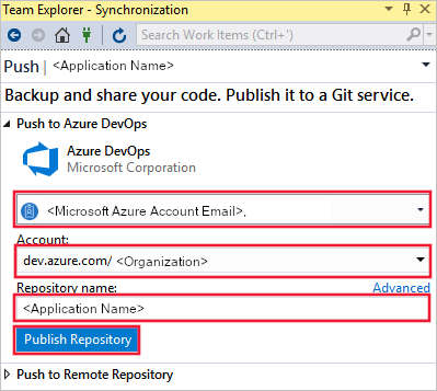 Azure DevOps'a Gönder penceresinin ekran görüntüsü. E-posta, Hesap, Depo adı ve Depoyu Yayımla düğmesi için ayarlar vurgulanır.