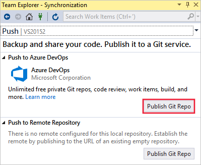 Visual Studio'da Takım Gezgini - Eşitleme penceresinin ekran görüntüsü. Azure DevOps'a Gönder altında Git Deposunda Yayımla düğmesi vurgulanır.