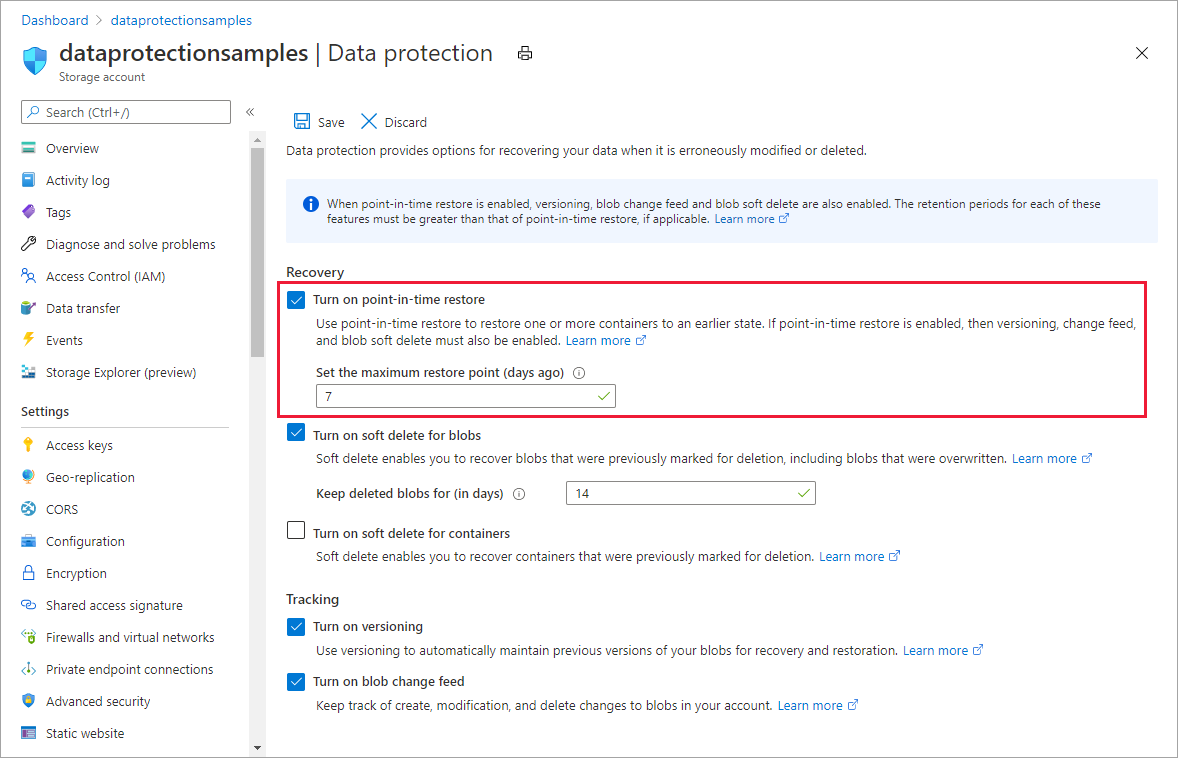 Azure portalında belirli bir noktaya geri yüklemeyi yapılandırmayı gösteren ekran görüntüsü