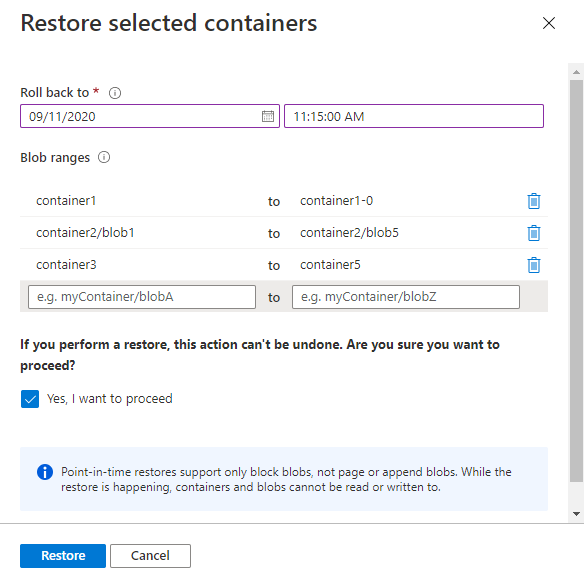 Bir veya daha fazla kapsayıcıdaki blob aralıklarını geri yüklemeyi gösteren ekran görüntüsü