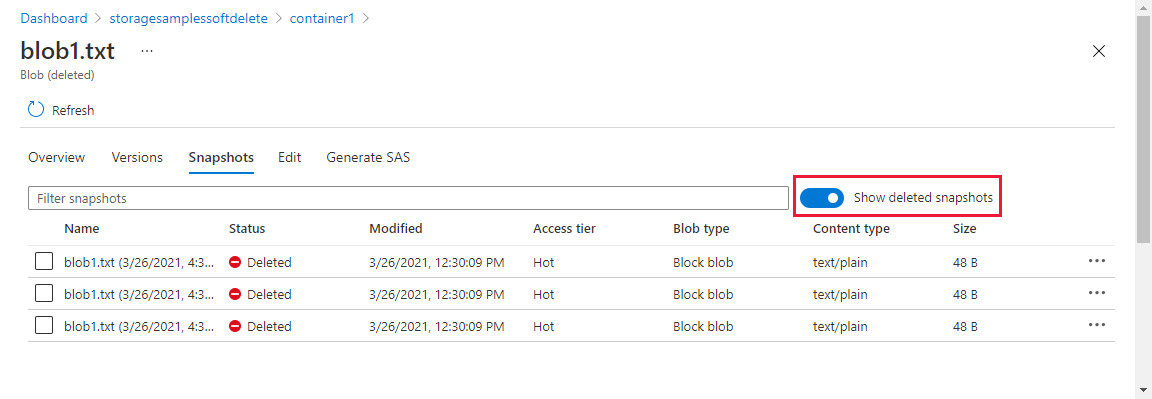 Azure portalında silinen anlık görüntülerin nasıl görüntüleneceğini gösteren ekran görüntüsü.