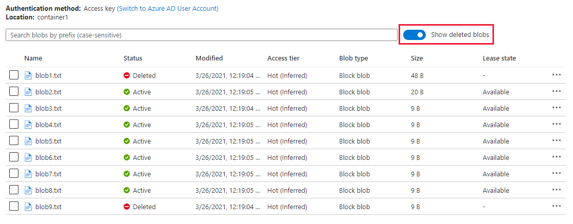 Azure portalında geçici olarak silinen blobları listelemeyi gösteren ekran görüntüsü