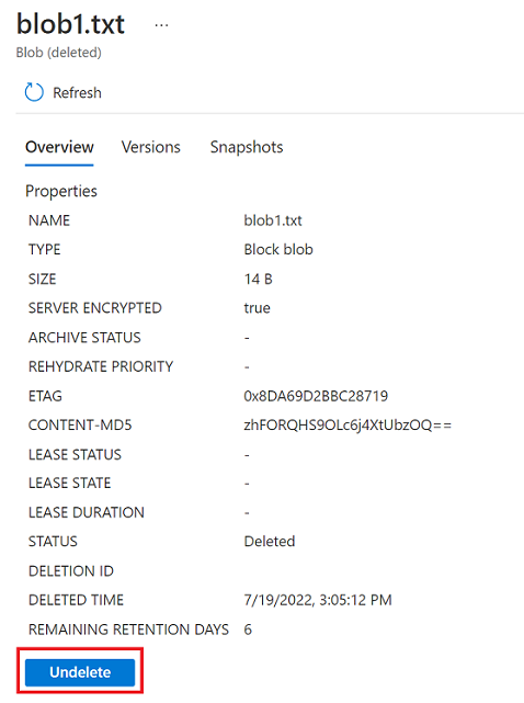 Azure portalında geçici olarak silinen blobu geri yüklemeyi gösteren ekran görüntüsü