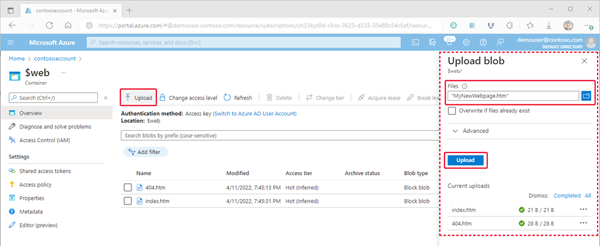 Statik web sitesi depolama kapsayıcısına dosya yüklemeyi gösteren görüntü