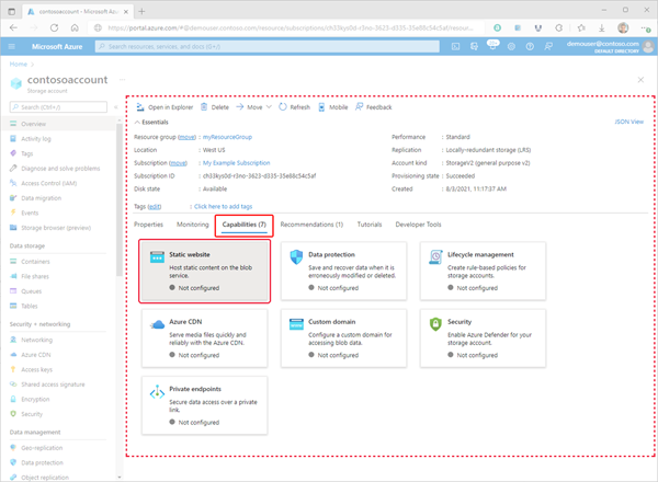 Azure portal içindeki Statik web sitesi yapılandırma sayfasına erişmeyi gösteren görüntü