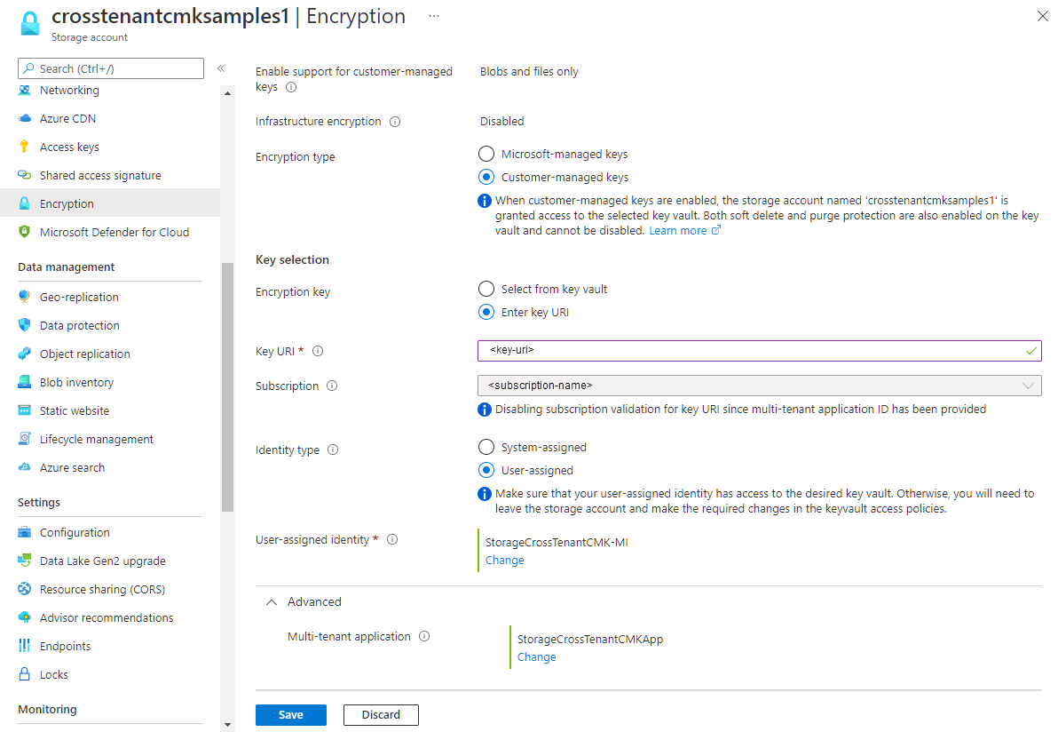 Azure portalında mevcut bir depolama hesabı için kiracılar arası müşteri tarafından yönetilen anahtarları yapılandırmayı gösteren ekran görüntüsü.