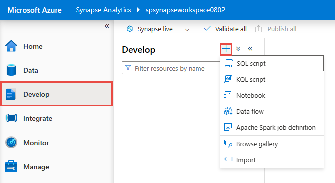 Yeni SQL betiği menüsünün seçili olduğu Geliştir sayfasını gösteren ekran görüntüsü.