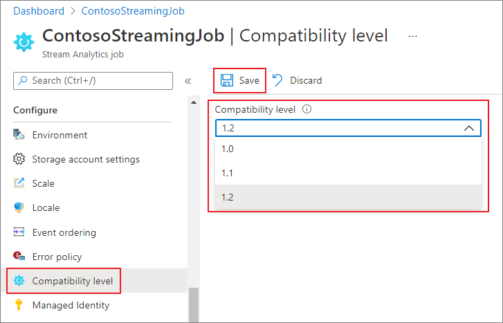 Azure portalında Stream Analytics uyumluluk düzeyi