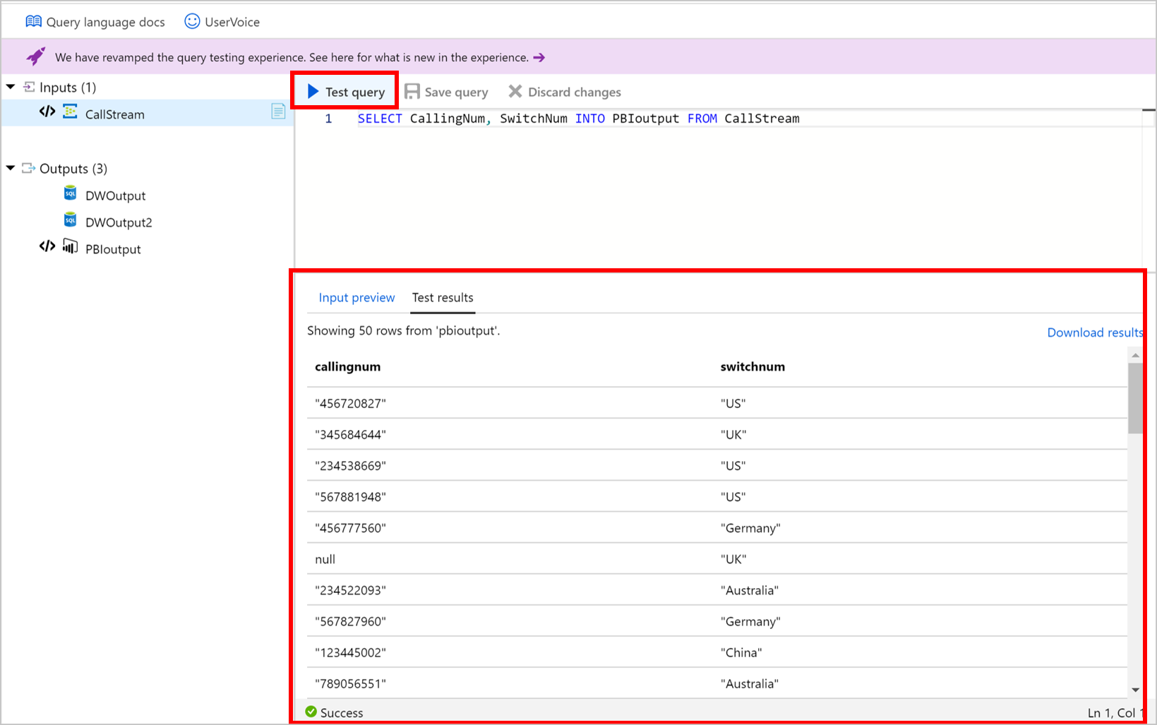 Azure Stream Analytics örnek test sorgusu sonuçları