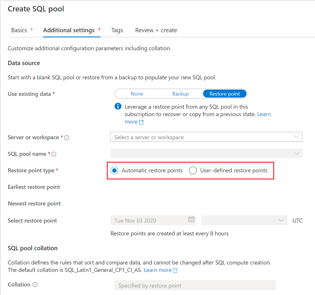 Azure portalı, SQL havuzu oluştur sayfası, Ek ayarlar sayfasının ekran görüntüsü. Geri yükleme noktası türü için Otomatik geri yükleme noktaları radyo düğmesi seçilir.