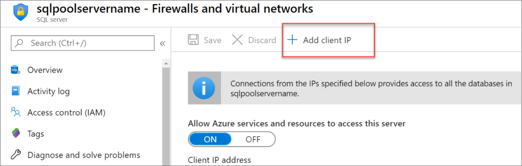 Azure portalının ekran görüntüsü. İstemci IP'sini Ekle düğmesi aracılığıyla sunucu güvenlik duvarı kuralı.