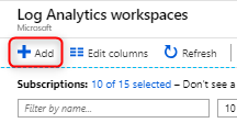 Ekle'yi seçebileceğiniz Log Analytics çalışma alanlarını gösteren ekran görüntüsü.