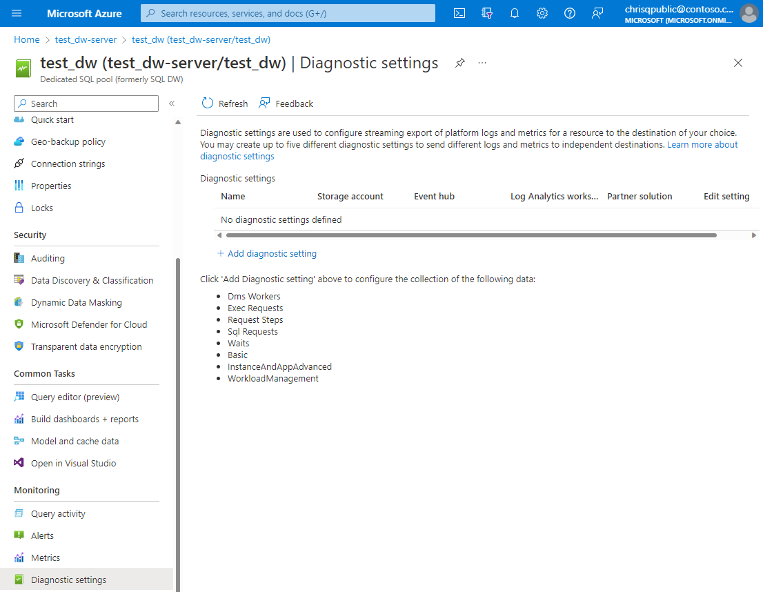 Azure portalında tanılama ayarı oluşturmak için sayfanın ekran görüntüsü.