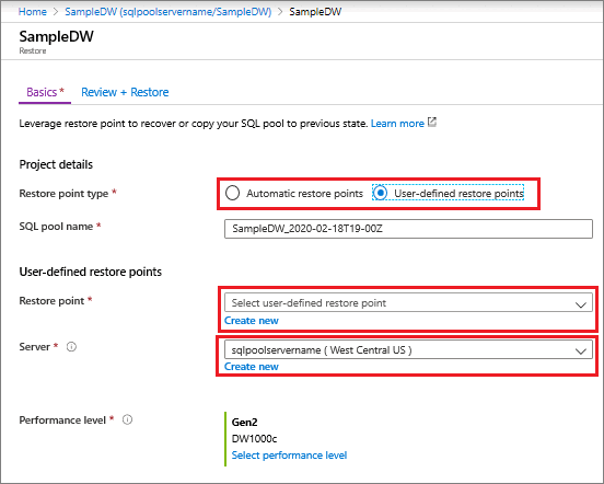 Aralarından seçim yapabileceğiniz geri yükleme noktalarını gösteren Azure portalının ekran görüntüsü.