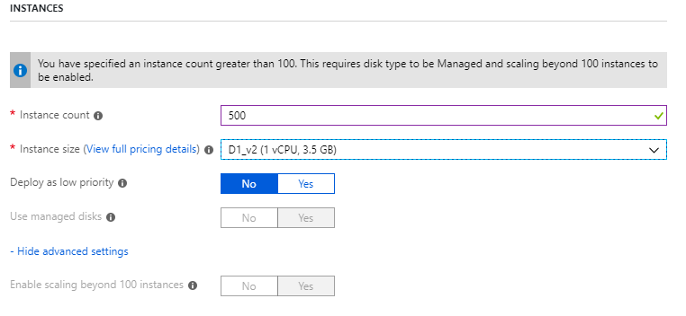 Bu görüntüde Azure Portal'ın örnekler dikey penceresi gösterilmektedir. Örnek Sayısı ve Örnek boyutunu seçme seçenekleri kullanılabilir.