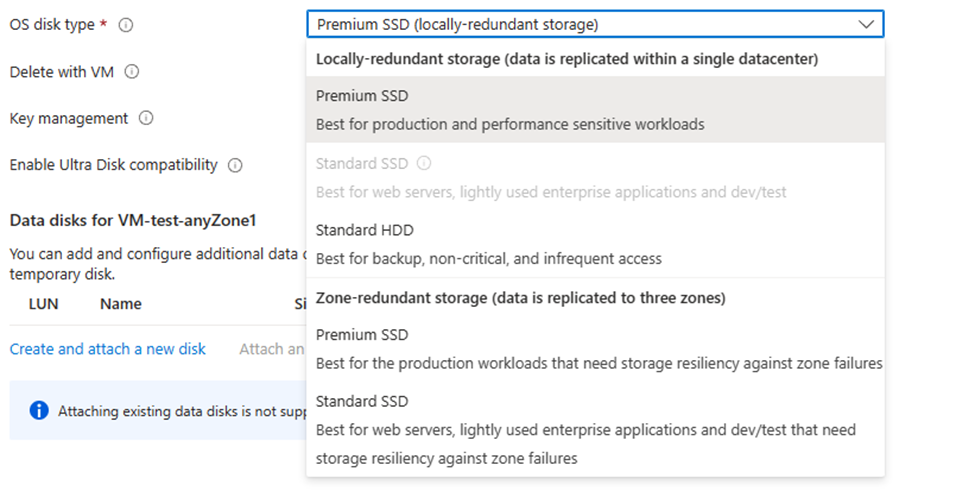 Azure tarafından seçilen bir bölge için desteklenen disklerin ekran görüntüsü.