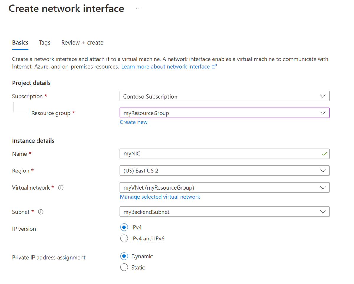 Azure portalında Ağ arabirimi oluştur ekranının ekran görüntüsü.