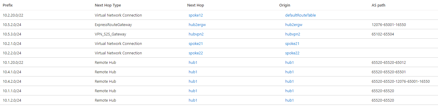 Sanal WAN hub 2'deki etkili yolların ekran görüntüsü.