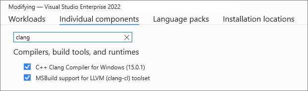 Yükleme için kullanılabilir Clang bileşenlerini gösteren Visual Studio Yükleyicisi Bağımsız Bileşenler sayfasının ekran görüntüsü.